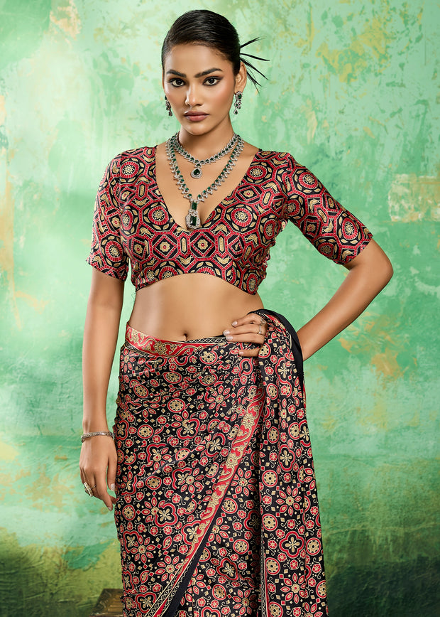 Black And Red Printed Satin Silk Saree