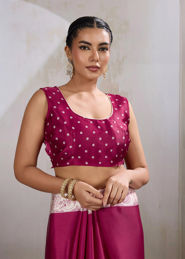 Beet Red Printed Satin Silk Saree