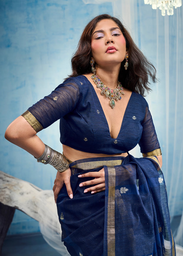 Midnight Blue Woven Cotton Silk Saree