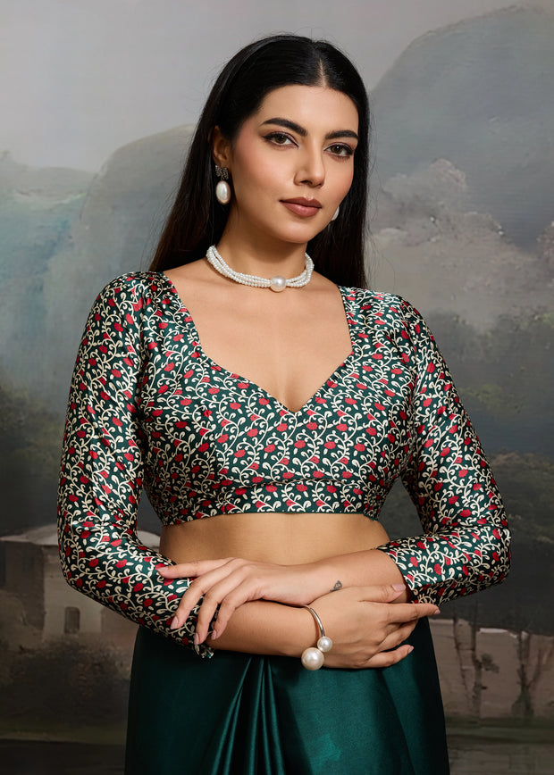 Hunter Green Printed Satin Silk Saree