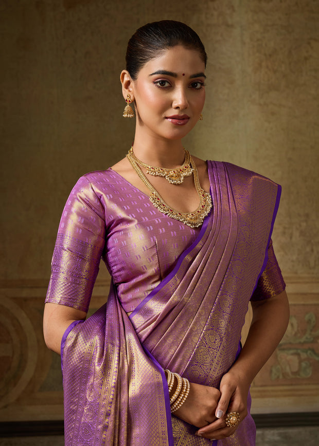 Sparkling Purple Woven Kanjivaram Silk Saree