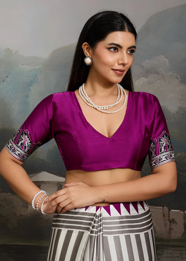 Plum Purple And White Printed Satin Silk Saree