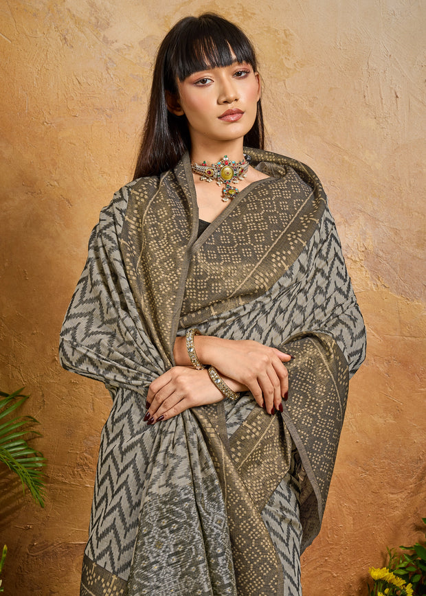 Fossil Grey Printed Patola Silk Saree