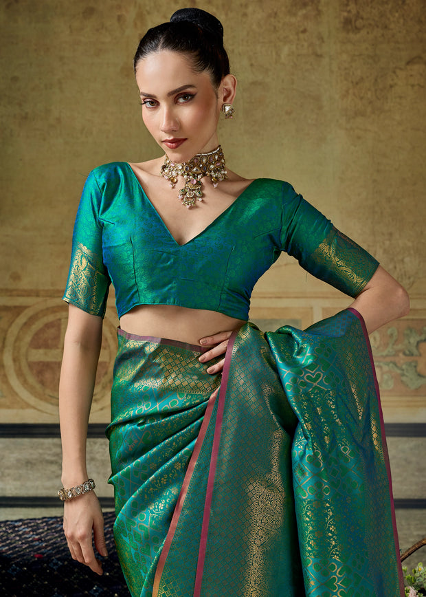 Peacock Green Woven Banarasi Silk Saree