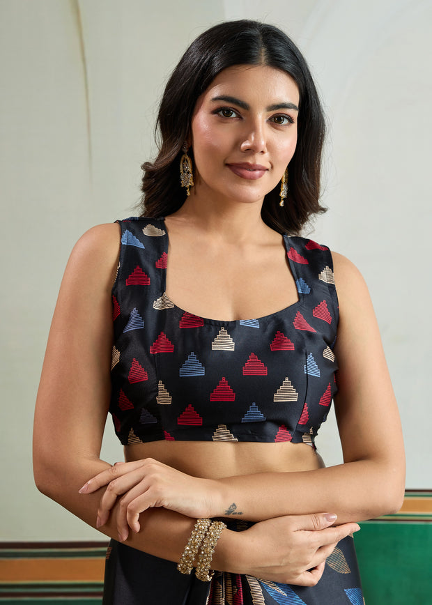 Midnight Black Printed Satin Silk Saree