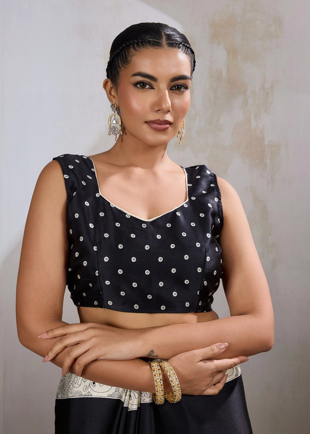 Deep Black Printed Satin Silk Saree