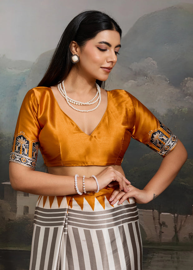 Golden Yellow And White Printed Satin Silk Saree