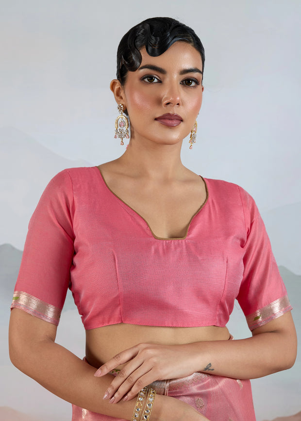 Salmon Peach Woven Banarasi Tissue Silk Saree