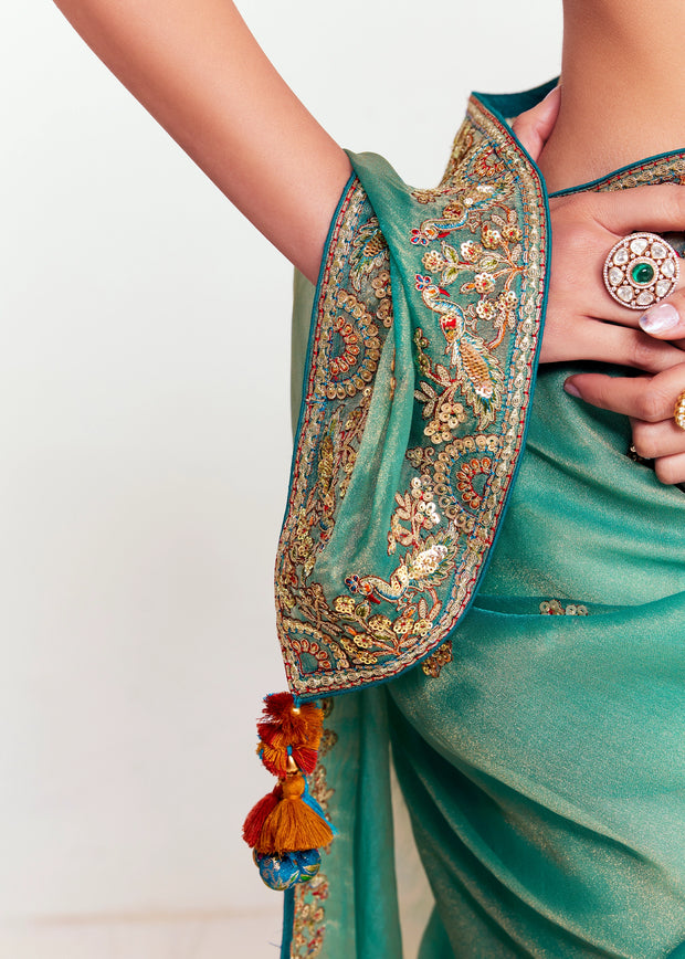 Sea Green Designer Embroidered Tissue Saree