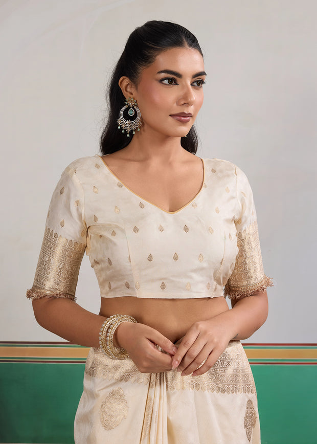 Snow White Woven Banarasi Satin Silk Saree