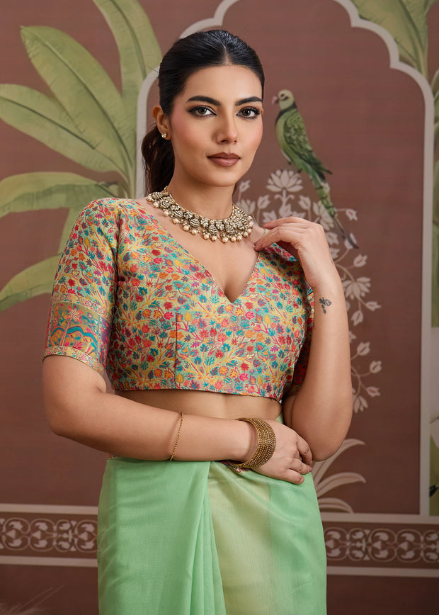 Pista Green Woven Cotton Kashmiri Jamewar Saree