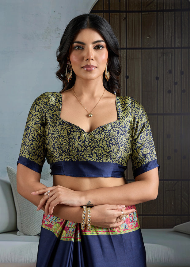 Patriot Blue Printed Satin Silk Saree
