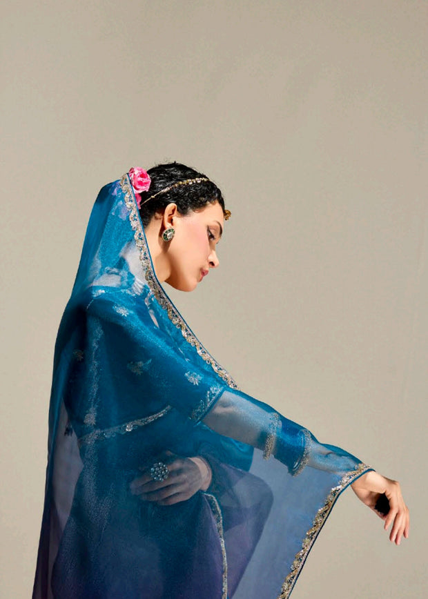 Coral Blue Ombre Designer Tissue Saree With Embroidered Blouse