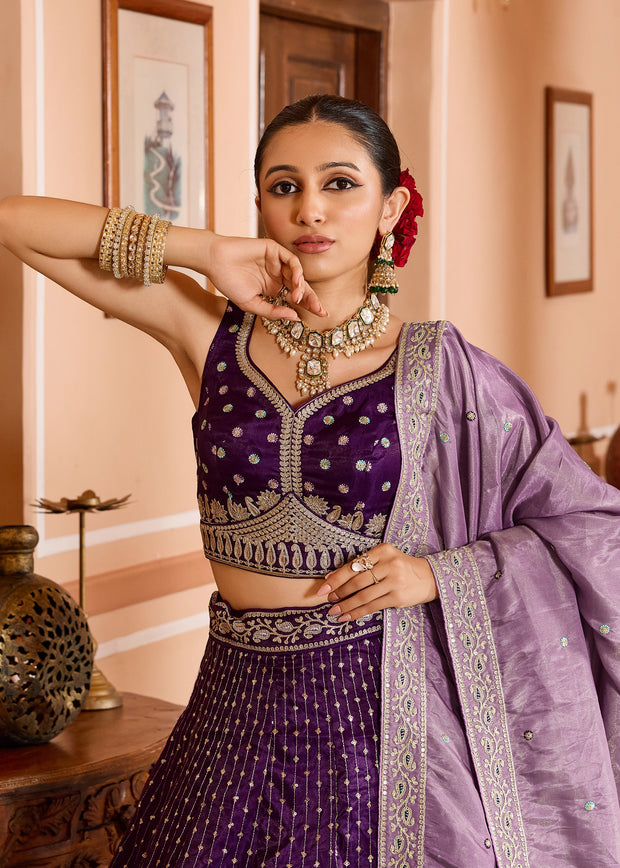 Dahila Purple Tissue Silk Embroidered Lehenga