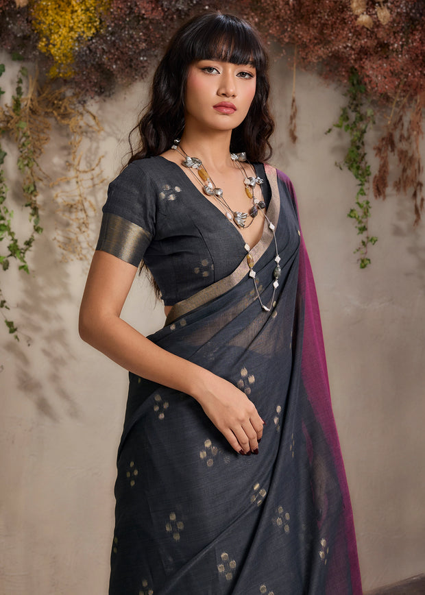 Black And Purple Woven Cotton Silk Saree