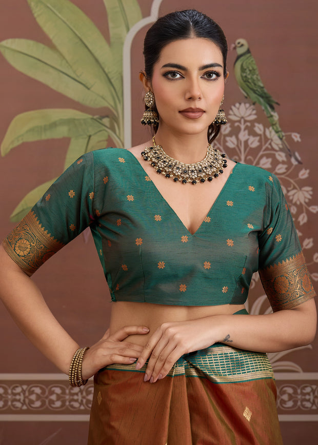 Rust Brown Woven Tussar Silk Saree