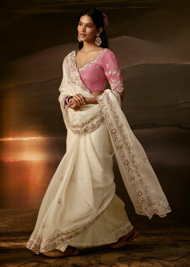Off White Embroidered Designer Organza Saree