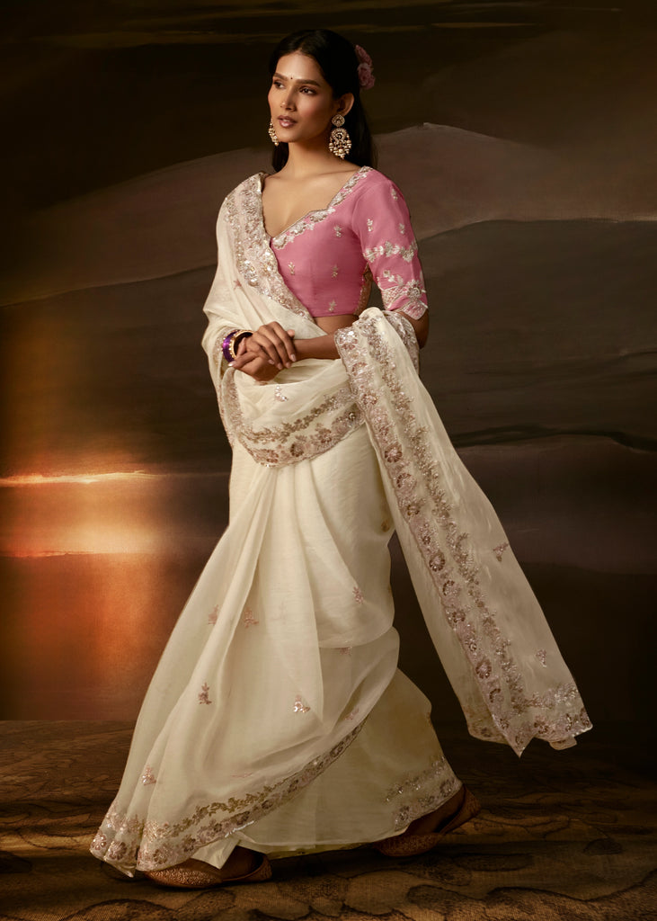 Off White Embroidered Designer Organza Saree