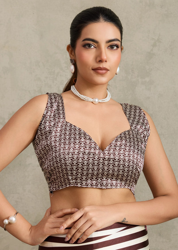 Brown And White Printed Satin Silk Saree