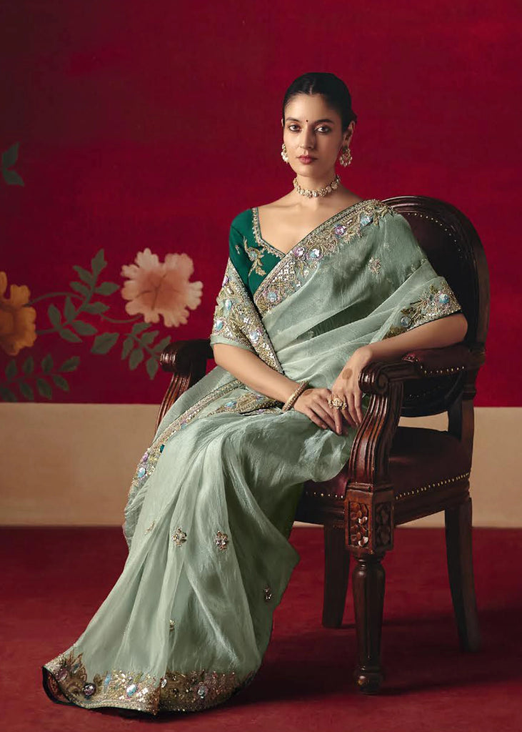 Antique Green Designer Embroidered Saree