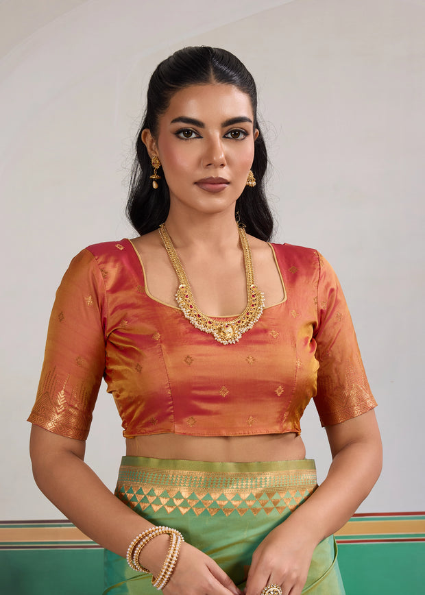 Grass Green Woven Silk Saree With Contrast Blouse