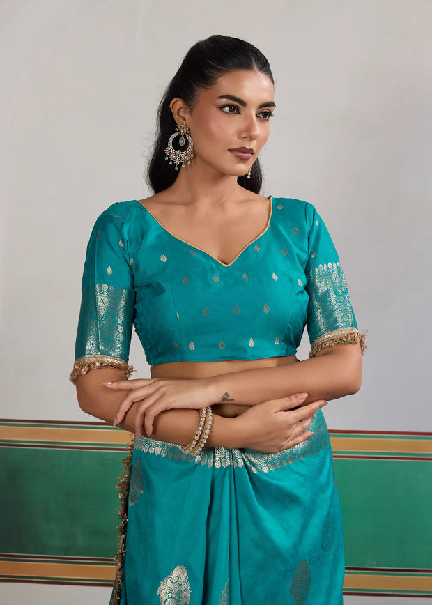 River Blue Woven Banarasi Satin Silk Saree