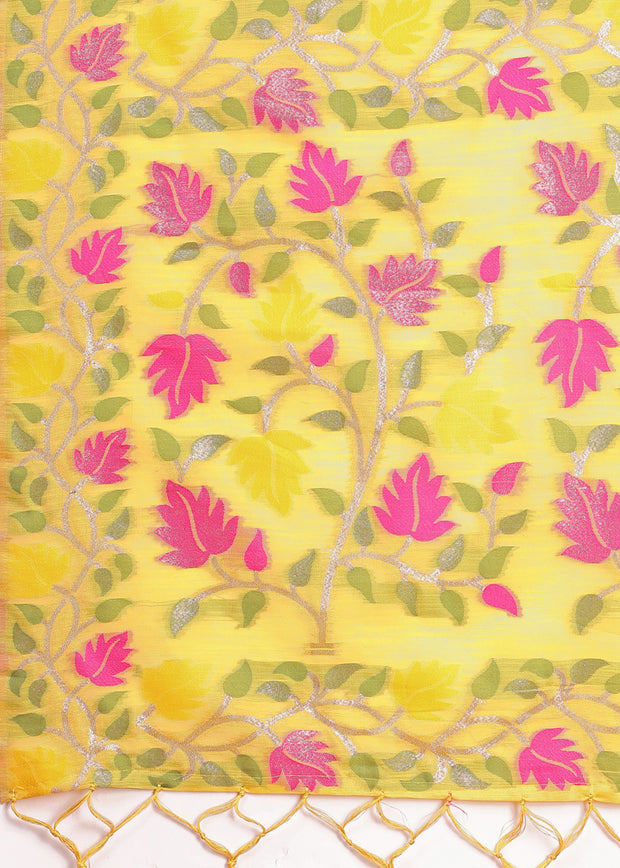 Vibrant Yellow Woven Linen Cotton Silk Saree