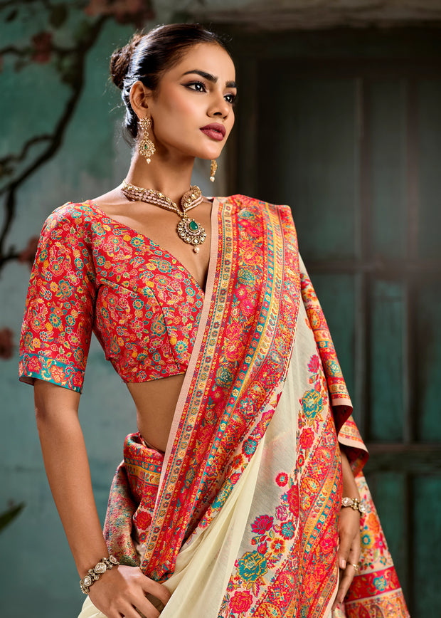 Creamy White Woven Cotton Kashmiri Jamewar Saree