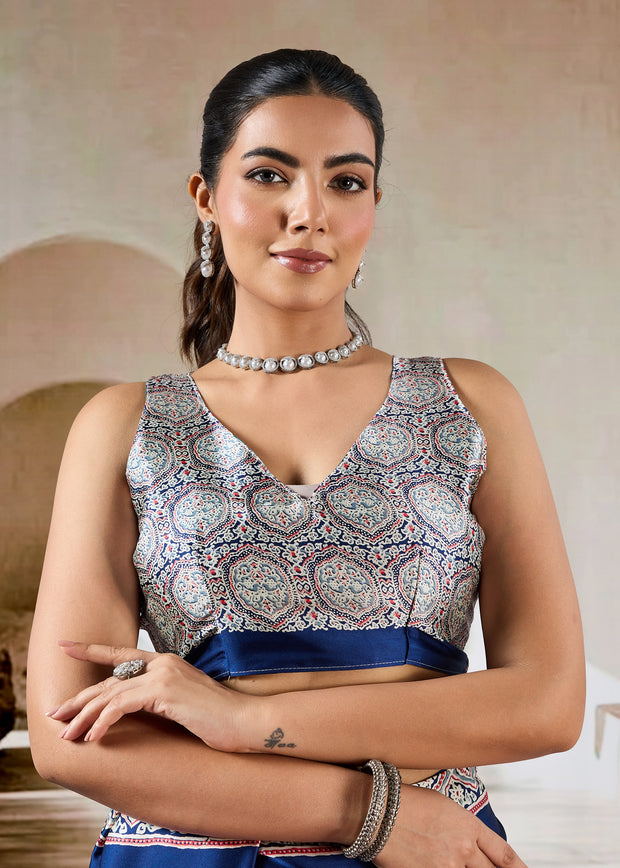 Navy Blue Printed Satin Silk Saree