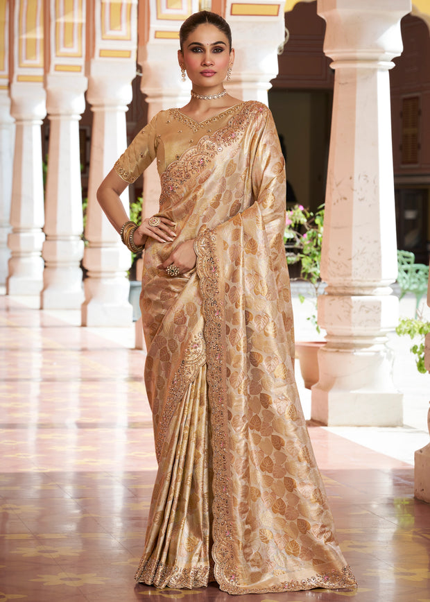 Champagne Beige Bead Work Kanjivaram Soft Silk Saree