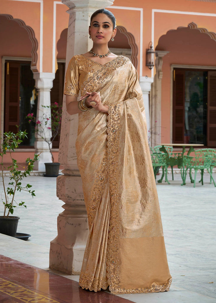 Cream Gold Bead Work Kanjivaram Soft Silk Saree