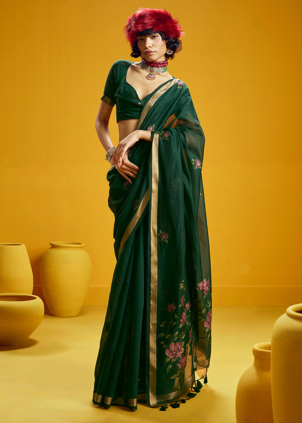 Dark Green Woven Munga Cotton Silk Saree
