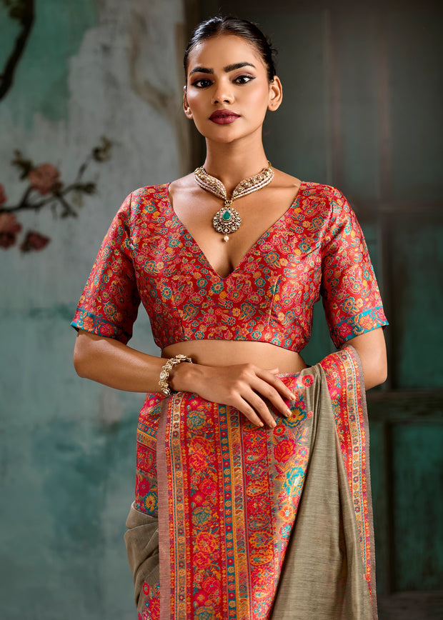 Grey Woven Cotton Kashmiri Jamewar Saree