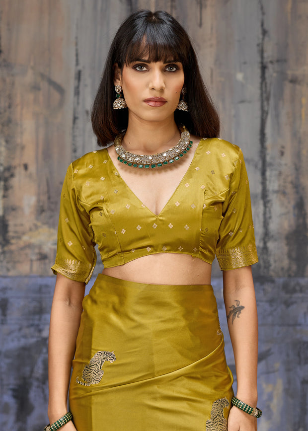 Mehandi Green Woven Banarasi Satin Silk Saree