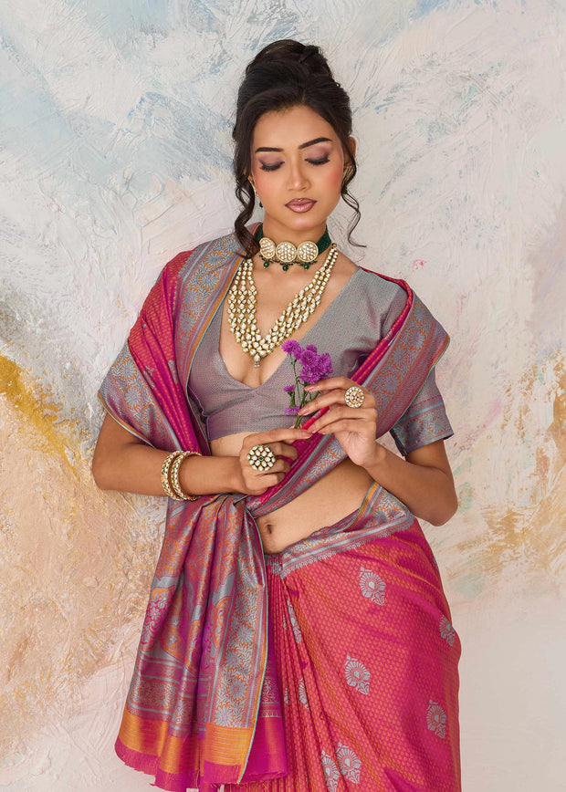Flamingo Pink Woven Kanjivaram Silk Saree