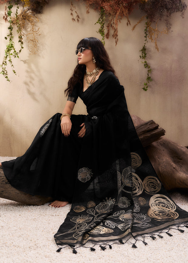 Phantom Black Woven Soft Silk Saree
