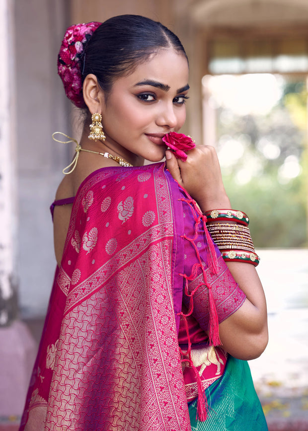 Blue And Pink Woven Banarasi Silk Saree