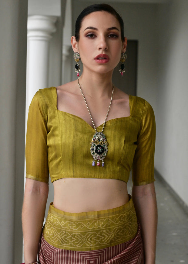 Dusty Mauve & Yellow Printed Tussar SIlk Saree