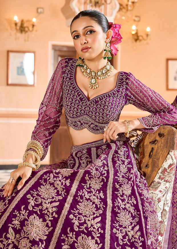 Regal Violet Embroidered Net Lehenga