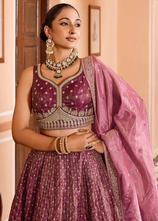 Dry Pink Rose Tissue Silk Embroidered Lehenga