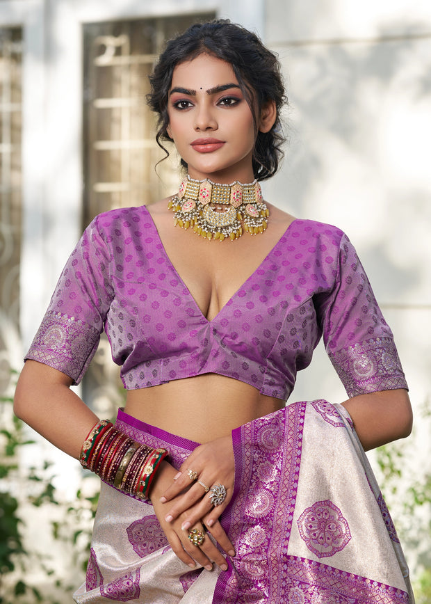 White And Purple Woven Banarasi Silk Saree