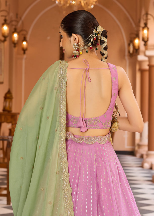 Pink Tissue Embroidered Semi-Stitched Lehenga