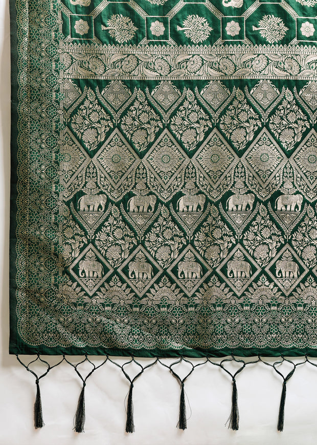 Bottle Green Woven Banarasi Silk Saree