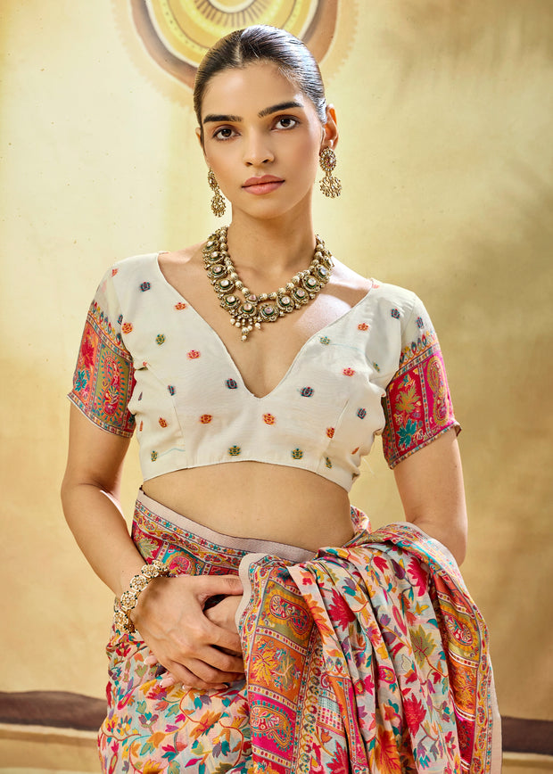 White Woven Cotton Kashmiri Jamewar Saree