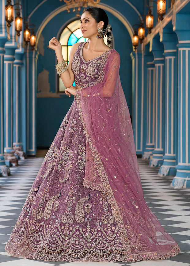 Beige Embroidered Net Lehenga