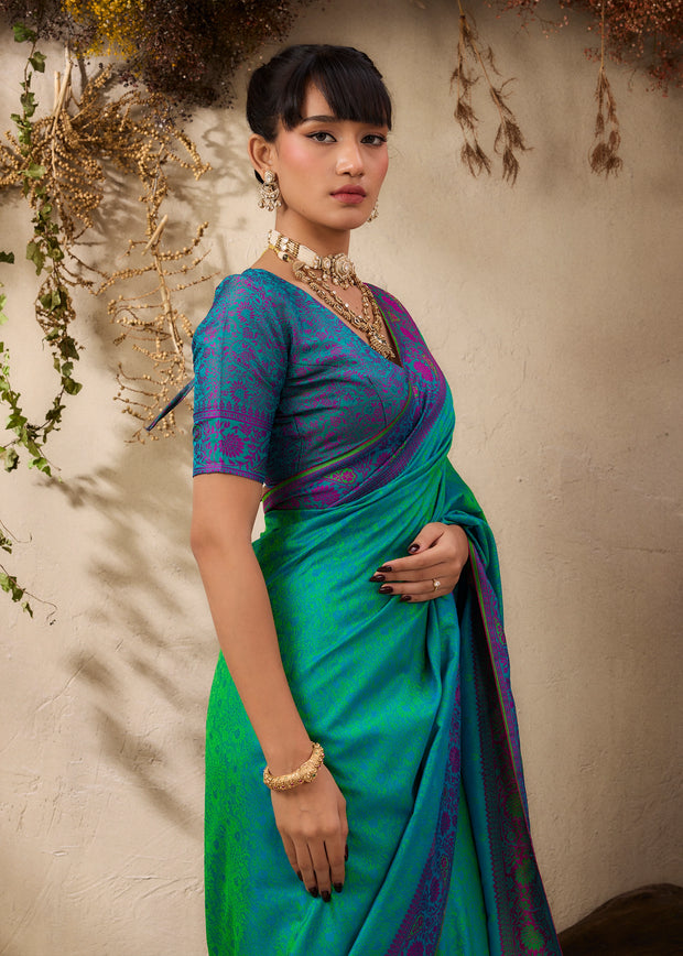 Peacock Green Woven Kanjivaram Silk Saree