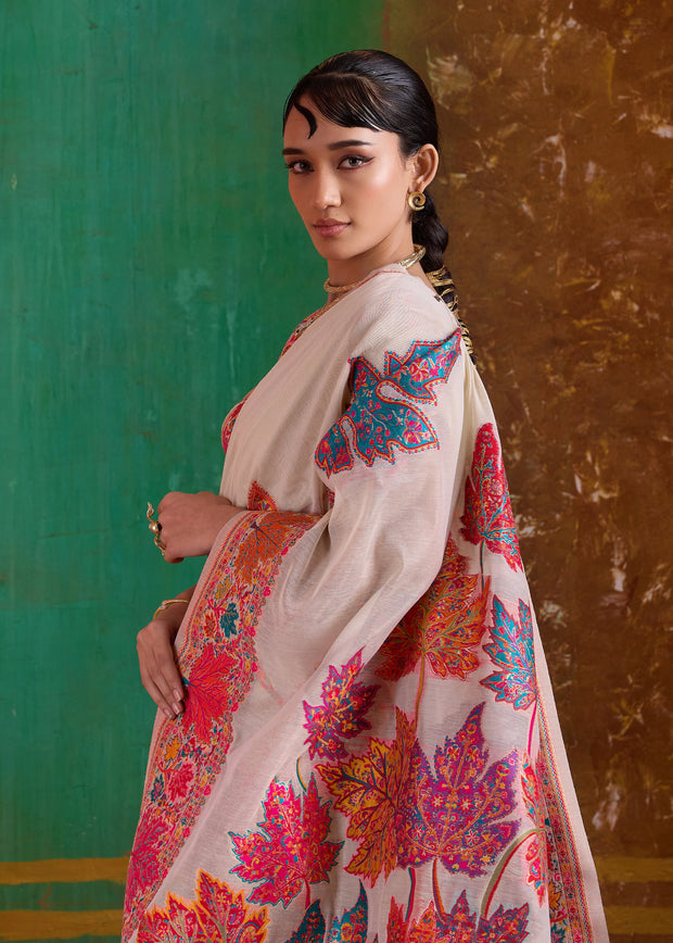 Desert White Woven Cotton Kashmiri Jamewar Saree
