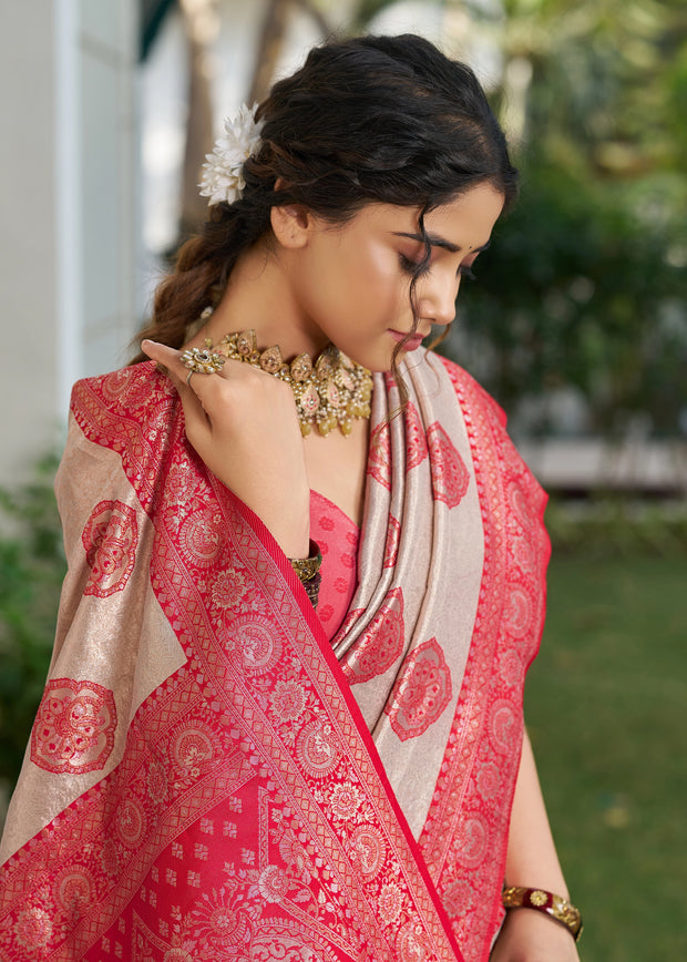 Raspberry Pink Woven Banarasi Silk Saree