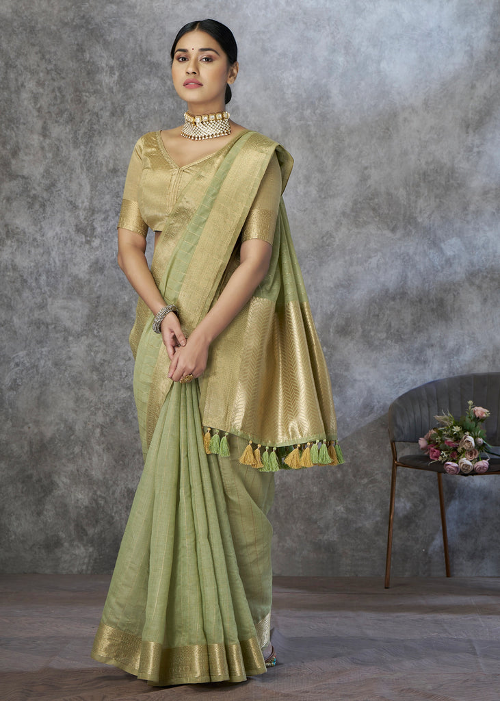 Pistachio Green Woven Cotton Saree