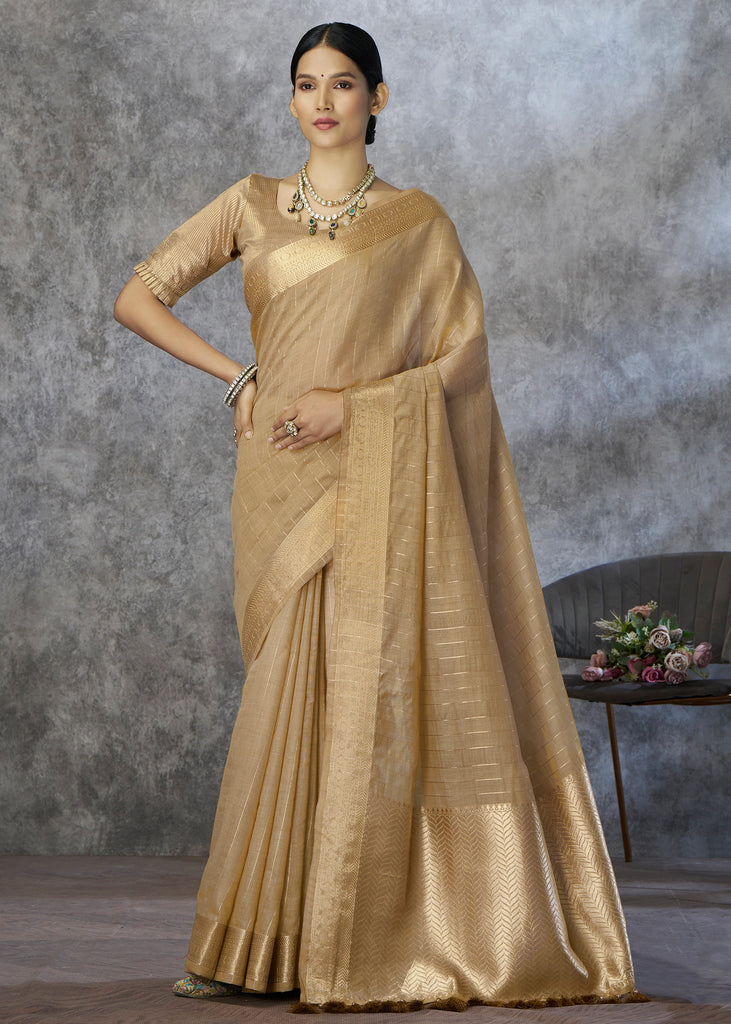 Glided Ivory Woven Cotton Saree